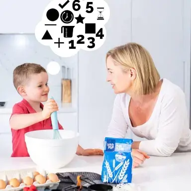 Child cooking with mother and learning science and math